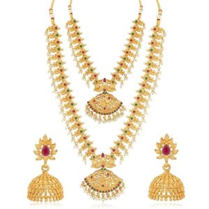 Sukkhi Classic Pearl Gold Plated Peacock Long Haram Necklace Set for Women