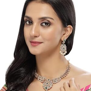 Sukkhi Dramatic Gold Plated AD Stone Collar Bone Necklace Set And Earring